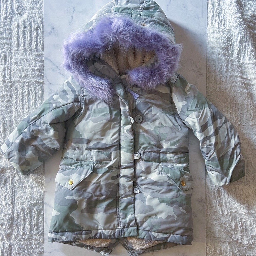 Sweet CrewCuts Camouflage Camo Fur Toddler Unisex Girl Winter Coat Parka Sz 3